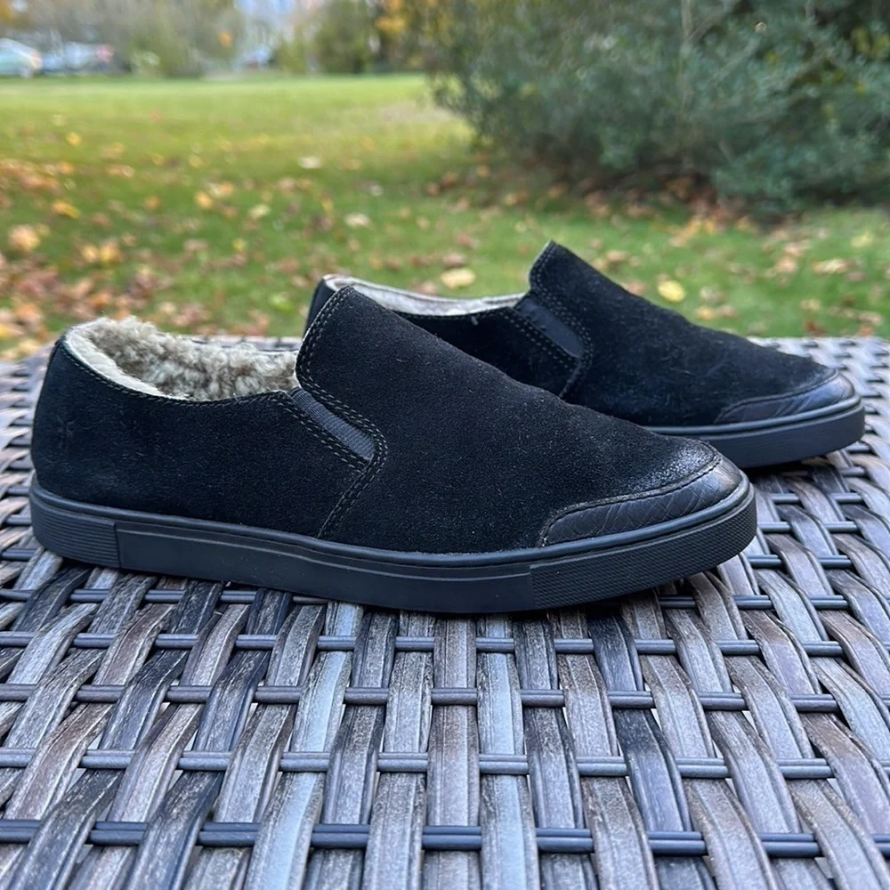 FRYE Gemma Black Suede Shearling Lined Slip-on Sneakers